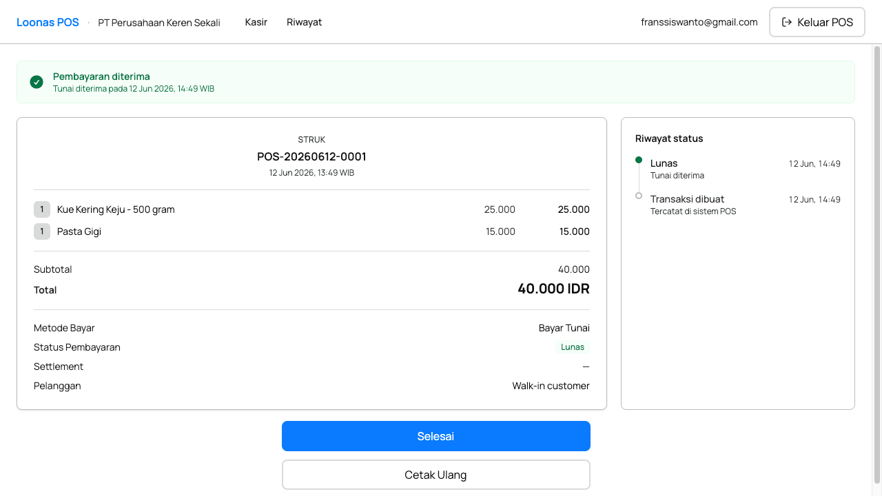 Struk pembayaran dan status lunas
