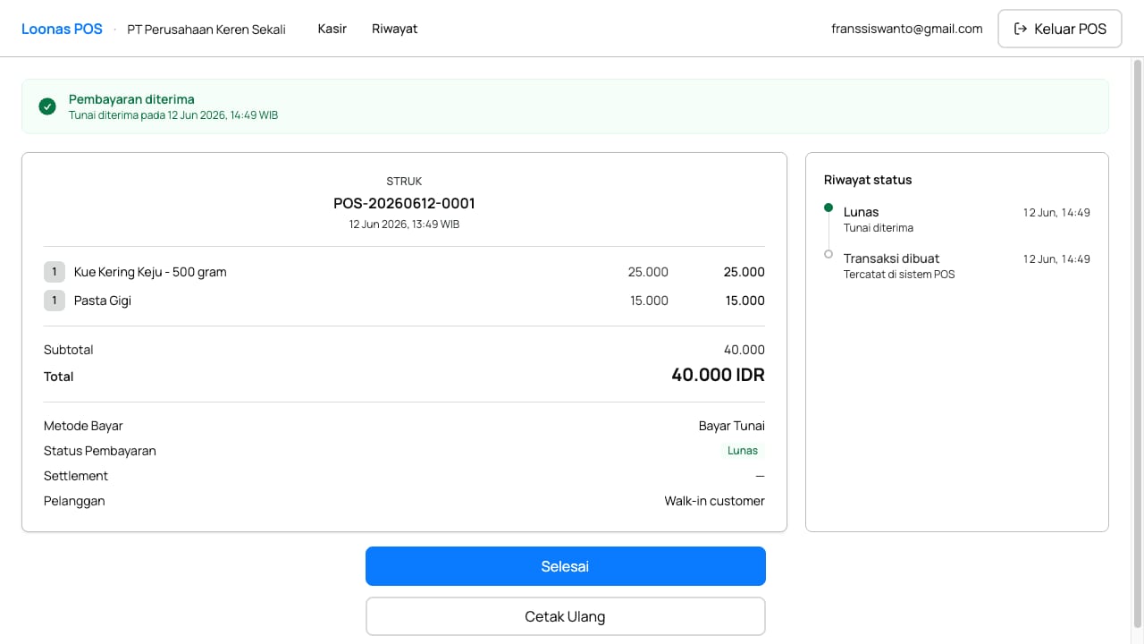 Struk transaksi lengkap dengan riwayat status pembayaran di Loonas